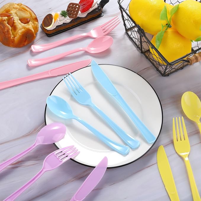 Kochorie 300 Pieces Graduation Pastel Plastic Silverware Heavy Duty Plastic Cutlery Set Heavyweight Disposable Utensils Includes Spoons Forks Knives for Birthday Wedding Dinner, Macaron Colors