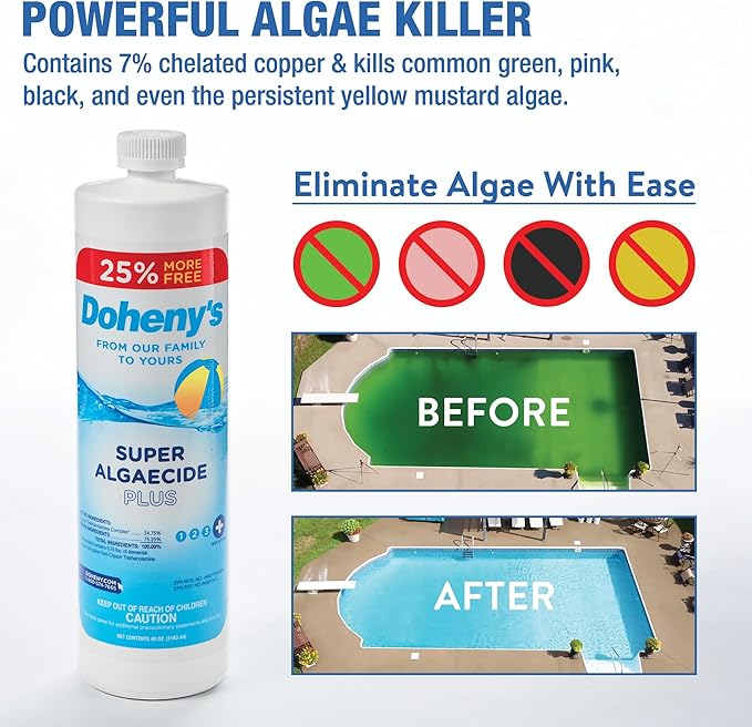 Doheny's Super Algaecide Plus | Pro-Grade | Effective Against Most Algae Types | 7.1% Chelated Copper (Reduces Staining) | Non-Foaming, No Clouding | Safe to Swim After Use | 4 x 40oz Bottles (160oz)