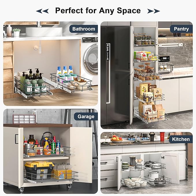 2 Tier Pull Out Cabinet Organizer - 20" W x 22" D Soft Close Slide Out Shelves with Shelf Liners - Pullout Drawers for Kitchen Cabinets, Pantry, Bathroom, Heavy Duty Steel Wire Baskets