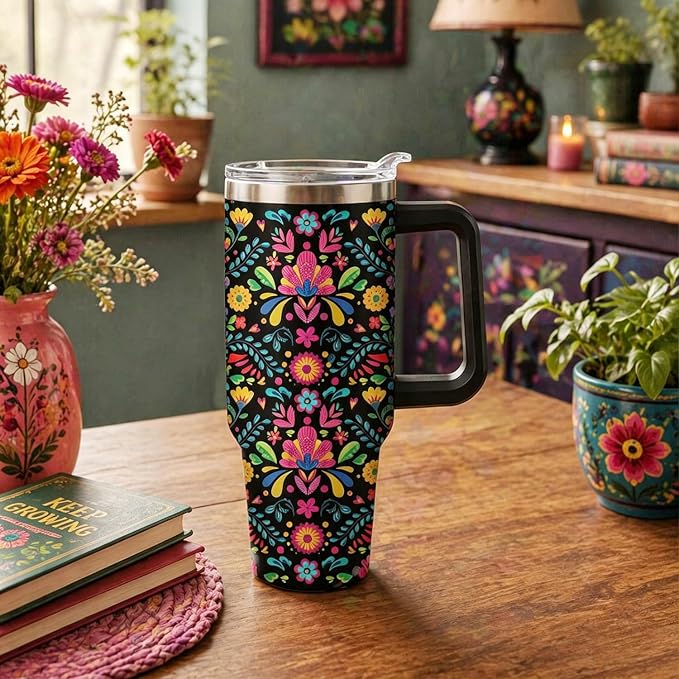 Ceovfoi 40 oz Mexican Flower Tumbler with Handle Lid and Straw, Stainless Steel Insulated Coffee Mug Cup, Mexican Stuff Supplies Accessories Gifts for Women