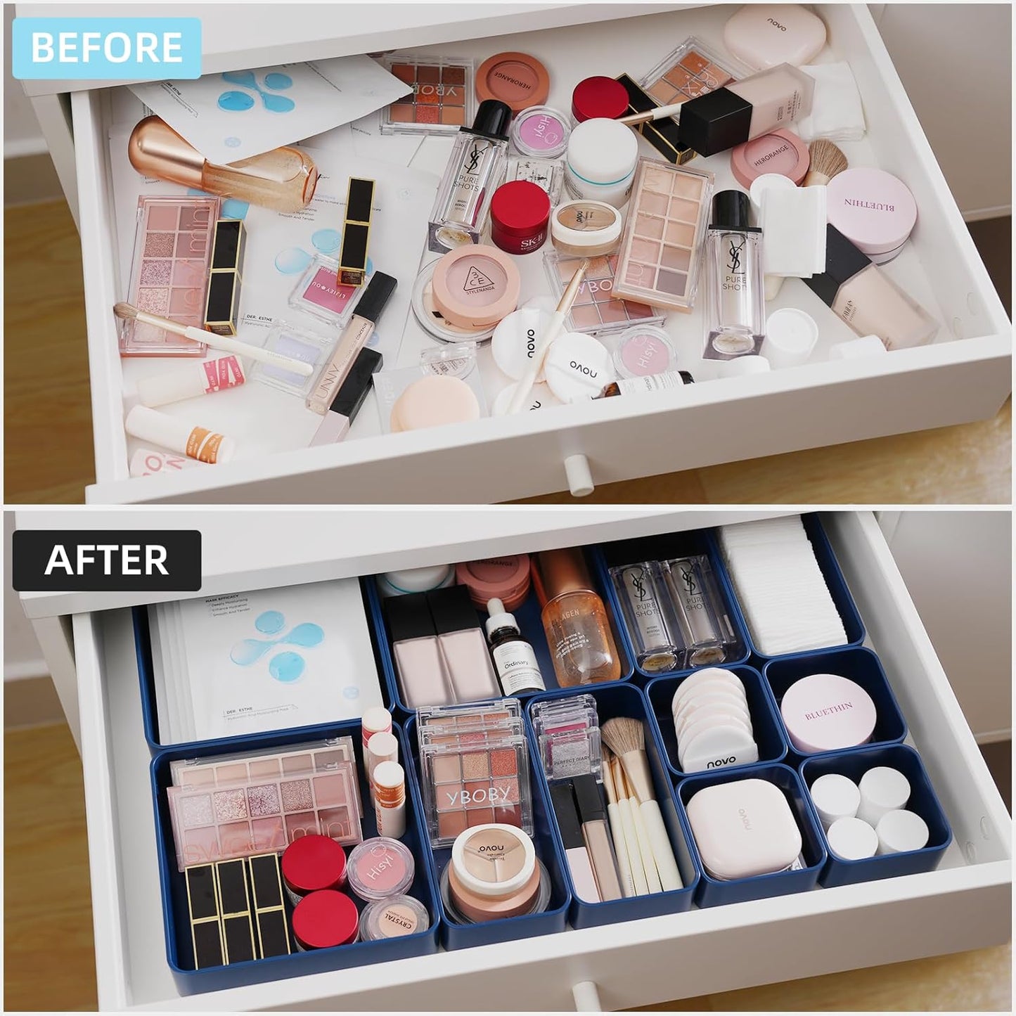 11-Piece Stackable Drawer Organizer Set, Multi-size Desk Drawer Organizer Trays Vanity Storage Bins for Storing Makeup, Stationery, Utensils in Bathroom Dresser, Office and Kitchen