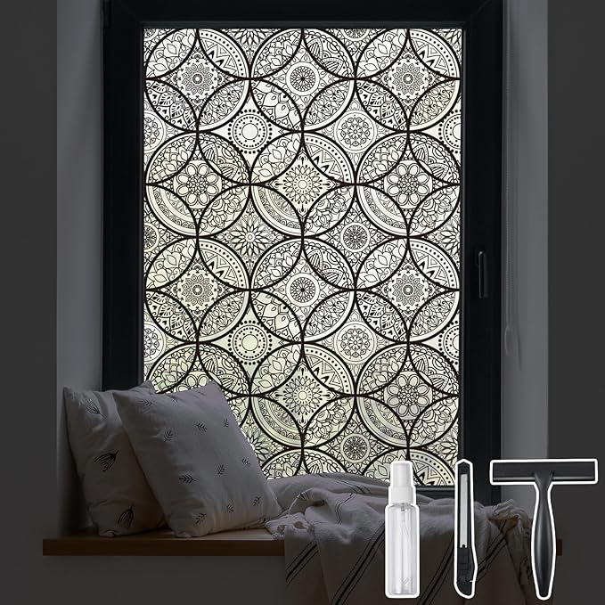 DKTIE Boho Stained Glass Look Window Privacy Film with Installation Tools, Decorative Frosted Glass Window Film Static Cling No Glue Removable, Pure Black, 17.7" x 78.7"