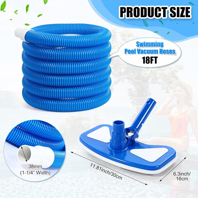2 Pcs Pool Cleaning Vacuum Kits include 11.8" Swimming Pool Vacuum Head with Flexible Wheels and 1-1/2" x 18 FT Hoses for Inground Above Ground Pond Cleaning, Pole Not Included(Round Corner)