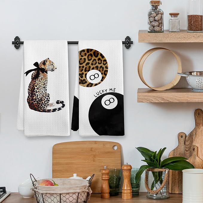 Trendy Leopard Cheetah Print Lucky 8 Ball Bathroom Decor, Preppy Brown Leopard Bow Decor Dish Hand Tea Towels for Bathroom Kitchen Sets of 2, Cheetah Kitchen Towels and Dishcloths, 16x24 Inch
