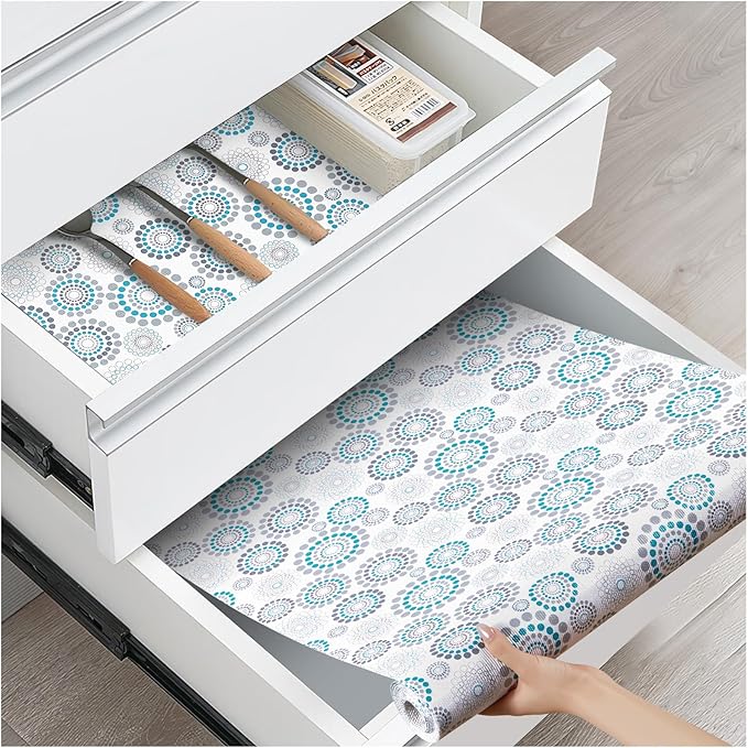 Drawer and Shelf Liner, Non-Slip Kitchen Cabinet Liners Non-Adhesive Thick Strong Grip Waterproof Washable Mats Protect Dresser Shelves Cupboard Bathroom Cabinets, Spiral, 18 in X 30 FT
