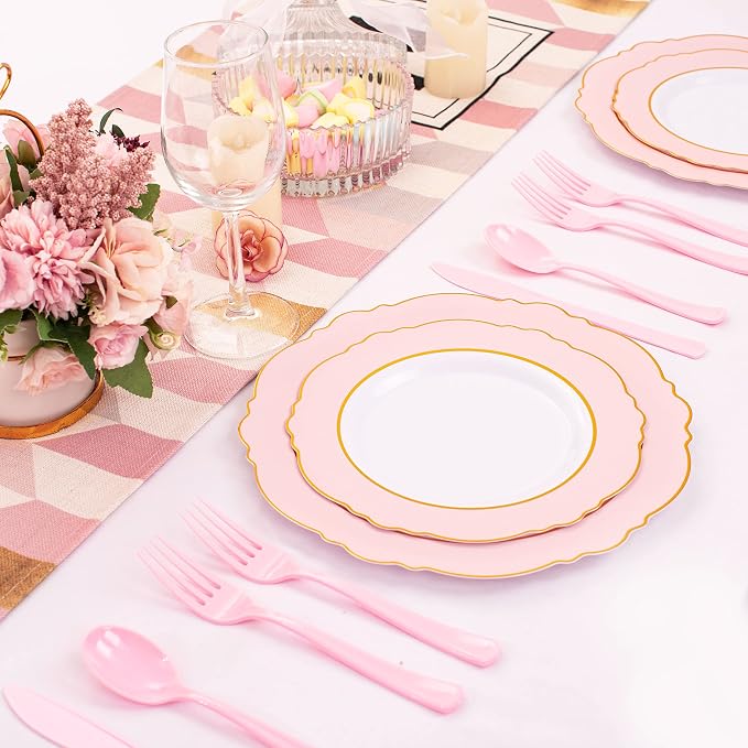 WDF 160 Piece Pink Plastic Silverware - Heavy Duty Pink Silverware Includes 80 Forks, 40 Spoons, 40 Knives, Plastic Utensils Perfect for Wedding/Party/Mother's Day
