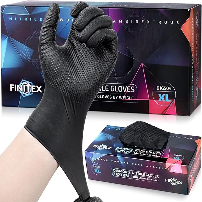 FINITEX Industrial Diamond Texture Nitrile Black Glove - 100/1000PCS Chemical Resistant 6.3mil Mechanic Disposable Gloves