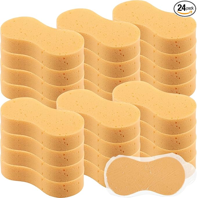 Vesici 24 Pack Car Wash Sponges Large Sponges Bulk Big All-Purpose Scrubber Thick Foam Car Cleaning Supplies for Washing Boat Kitchen Household with Single Vacuum Compressed Packing (Earthy Yellow)