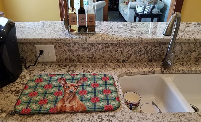 Caroline's Treasures Red Miniature Pinscher Min Pin Christmas PoinsettIas Dish Drying Mat Absorbent Dish Drying Mat Pad for Kitchen Counter Dish Drainer Mat for Countertop, 14 x 21", Multicolor