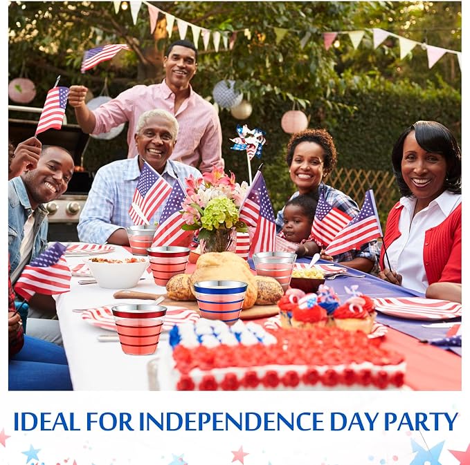 Gejoy 9 oz 60 Pcs 4th of July Rimmed Stripe Plastic Cups Bulk Disposable Wine Hard Plastic Drinking Cocktail Cups Tumblers for Wedding Gathering Party Supplies(Blue, Red, Silver)