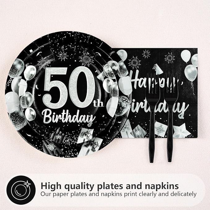96Pcs 50th Black and Silver Birthday Party Supplies Cheers to 50 Years Party Plates and Napkins Disposable Happy 50th Birthday Tableware Set for Women Men 50 Years Old Decorations Serves 24