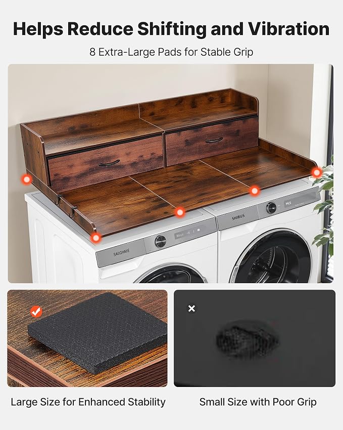 VEVOR 2 Drawers Washer Dryer Countertop with Shelf, 54" x 27" Wooden Laundry Countertop with 2 Hooks & Splicing Panels, Washer and Dryer Topper, Laundry Room Organization and Storage, Brown
