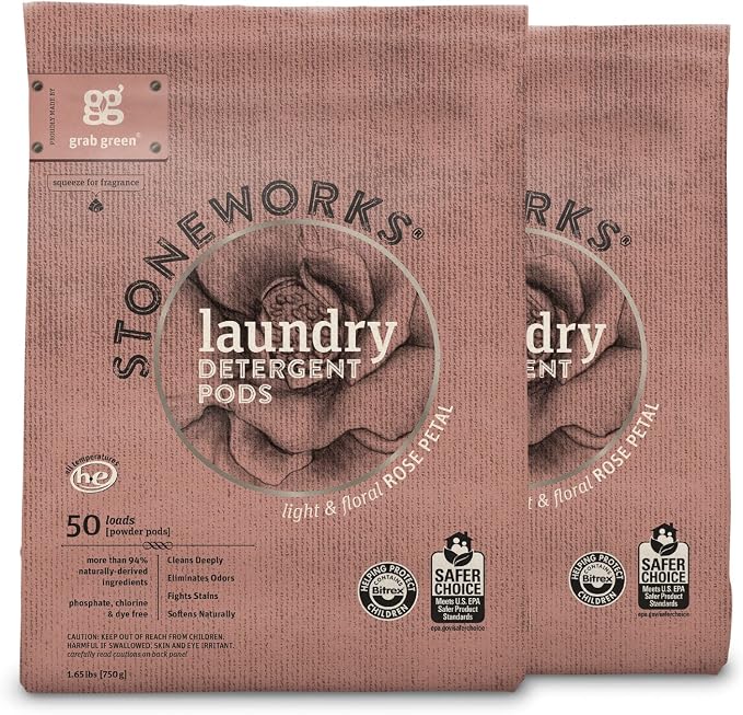 Grab Green Stoneworks Laundry Detergent Pods, 100 Count, Rose Petal | EPA Safer Choice; Plant & Mineral-Based; Fights stains; Eliminates odors; Softens naturally; No Harsh Chemicals