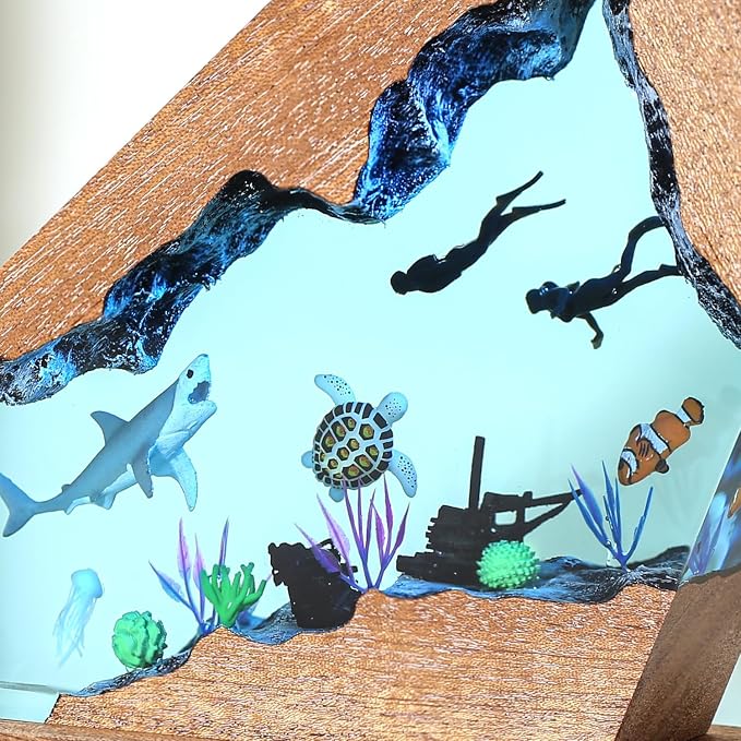 Shark Resin Lamp,USB Powered Resin Ocean Night Light with Wooden Base, Variable Lights,Shark Decor for Home Office, Scuba Diving Gifts for Ocean Lovers,Unique Gifts for Him &Her (S 6"X4")