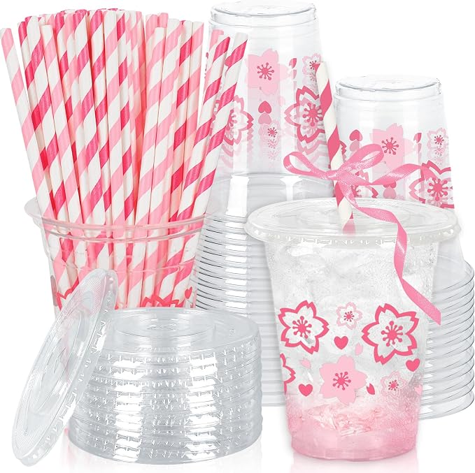 Whaline 50 Pcs Pink Cherry Blossom Plastic Cups with Lids and Straws Heart Sakura Clear Plastic Cups 12 Oz Disposable Cup for Spring Wedding Birthday Party Supplies