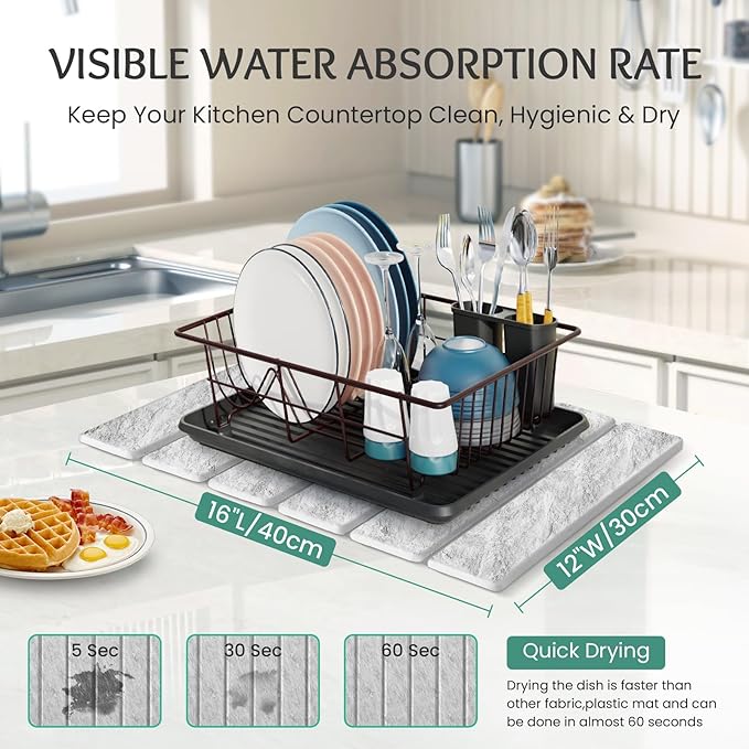 Stone Dish Drying Mat Collapsible Diatomaceous Earth Absorbent Mat Quick Dish Drying Pad Dish Rack Pad Match Any Counter to Multiple Usage for Kitchen,Bathroom