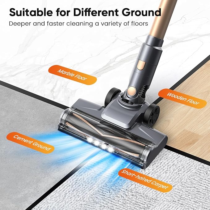 N12S Cordless Vacuum Cleaner, 30KPa Powerful Vacuum with 60 Mins Runtime, Self-Standing, LED Display, Rechargeable Lightweight Handheld Vacuum Cleaners (Gold)