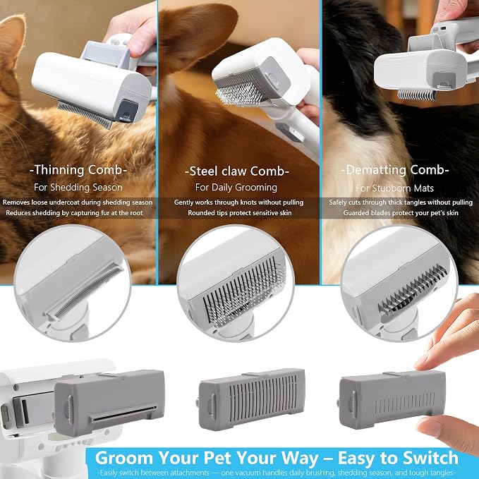 Deshedding Brush with Vacuum Suction, 5-in-1 Pet Hair Removal Tool for Dogs Cats, Cordless Undercoat Rake Removes Loose Hair, 9Kpa Pet Vacuum Cleaner for Furniture Carpet (white bag)