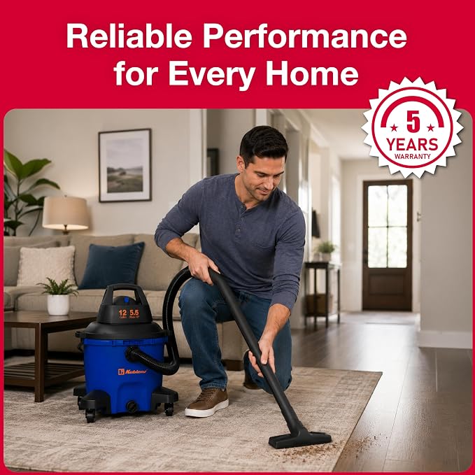 Koblenz WD-12 L4 Wet Dry Vacuum Cleaner, 12 Gallon 5.5 PHP, 3-in-1 Suction & Blower, 32 ft Reach, Drain Plug, Large Vacuum Cleaner for Car, Shop Vacuum Wet and Dry, Click-N-Lock Hose, Blue/Black