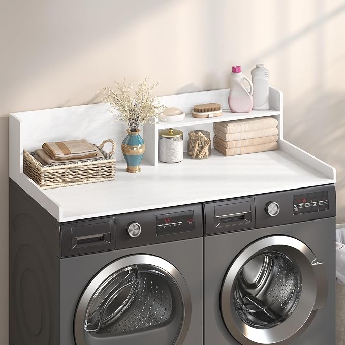 Washer Dryer Countertop - 2-Tier Wood 54" x 27.5" Laundry Topper with Safety Guard & Non-Slip Pads, Over the Washer Dryer Folding Shelf for Maximum Space Saving (White)