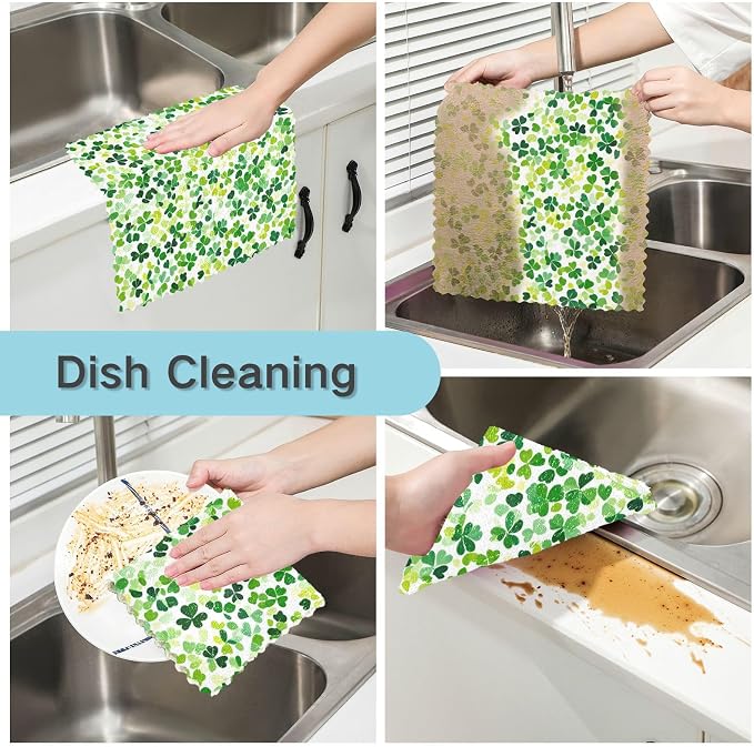 Bright Green Clover St. Patrick Kitchen Towels Dish Cloths Set of 6 Microfiber Cleaning Cloths for Cars Super Absorbent Machine
