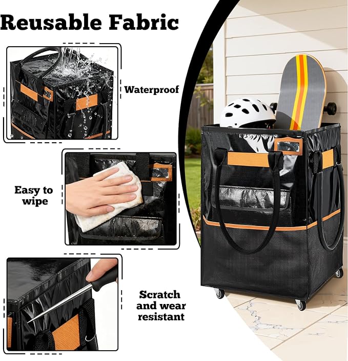 Reusable Grocery Bag on Wheels, 75L Large-Capacity Zippered Roller Tote, Carries Up to 66 LBS, Lightweight for Groceries, Laundry, Moving, Storage