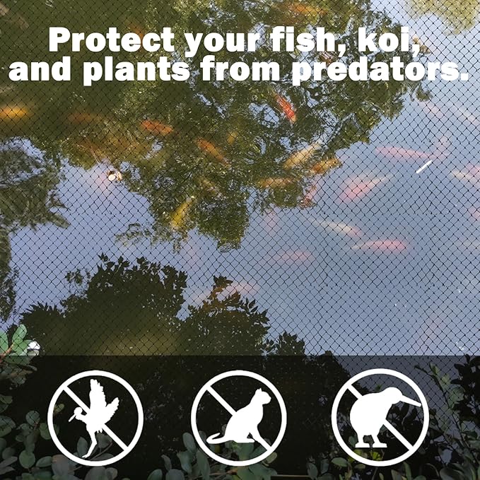 50x50ft Pond Netting for Leaves Leaf Net Cover Pond Net with Small Fine Mesh Protecting Koi Fish from Birds Cats Stakes Included