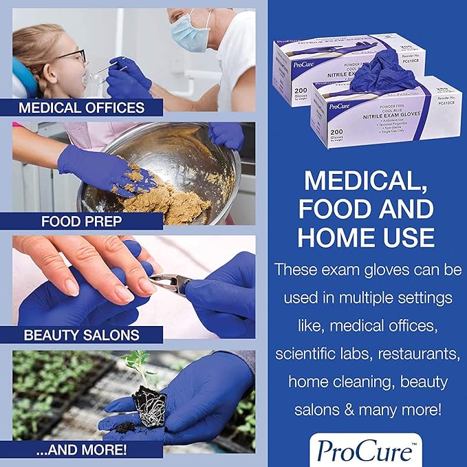 ProCure Disposable Nitrile Gloves - Medium, 2,000 Count Case - Powder Free, Rubber Latex Free, Medical Exam Grade, Non Sterile, Ambidextrous - Soft with Textured Tips - Cool Blue