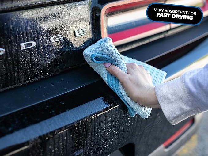 The Rag Company Dry Me A River, Professional Korean 70/30 Blend Microfiber Waffle-Weave Drying & Detailing Towels, Soft Suede Edges, 390 GSM, 16x16 Inches, Light Blue, 5-Pack
