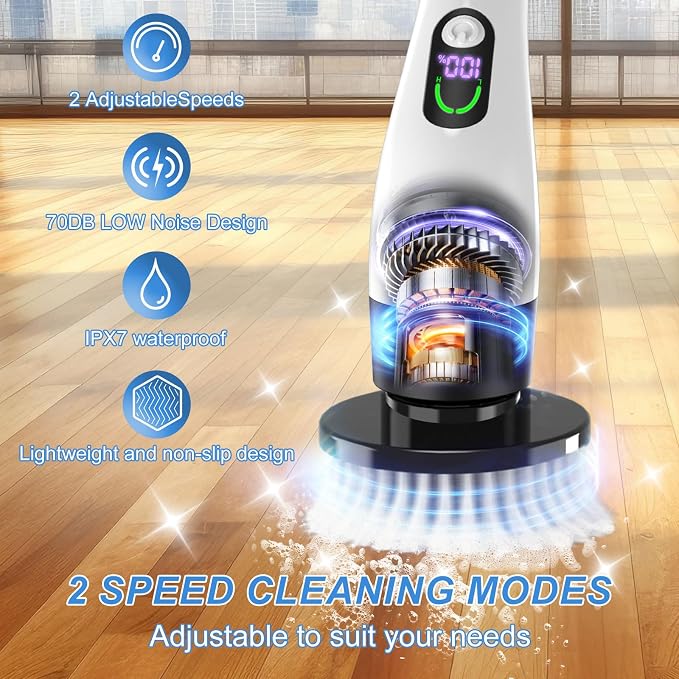 Electric Spin Scrubber with Power LCD Display, Cordless Bathroom Cleaning Brush with Adjustable Extension Handle, 400RPM/Mins, 9 Replaceable Brush Heads, IPX7 Waterproof for Shower, Bathtub, Tile