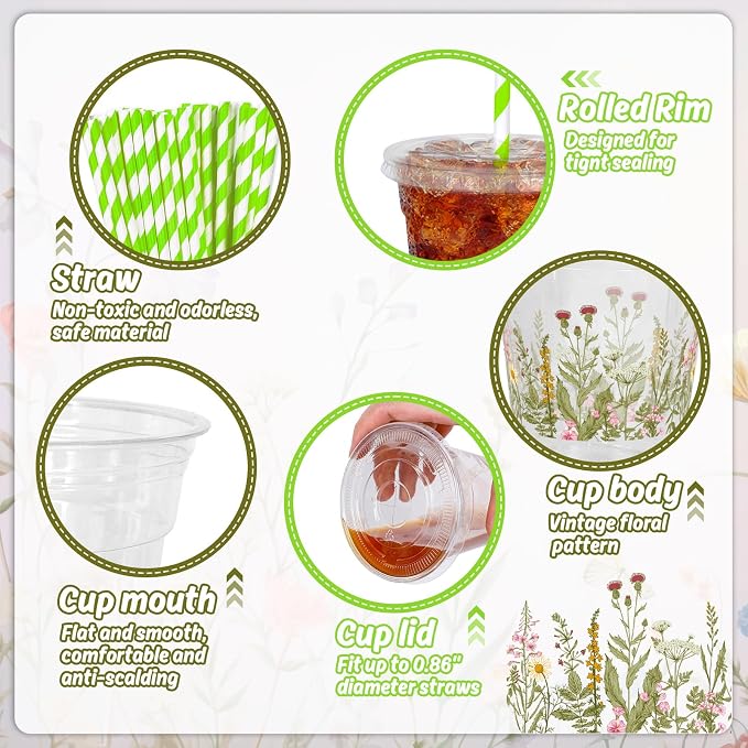 JarThenaAMCS 50Pcs Wildflower Plastic Cups 12 Oz Spring Summer Vintage Floral Cold Beverage Drinking Cups with Lids and Straws Disposable Stackable Party Cup for Baby Shower Birthday