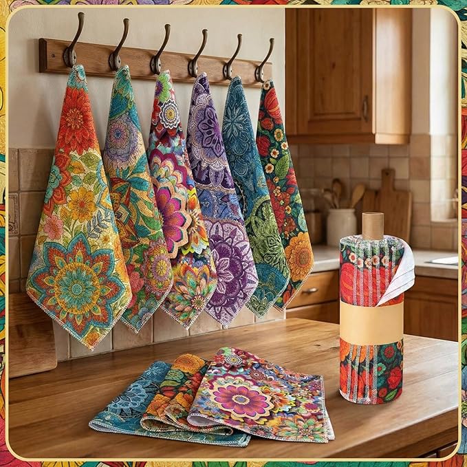 Redbaker 18 Pcs Reusable Paper Towels Rolls Towels Bulk Kitchen Washable Paperless Cloth Cotton Hand Napkins with Cardboard Reusable Napkins for Kitchen Bathroom (Boho Floral Style)