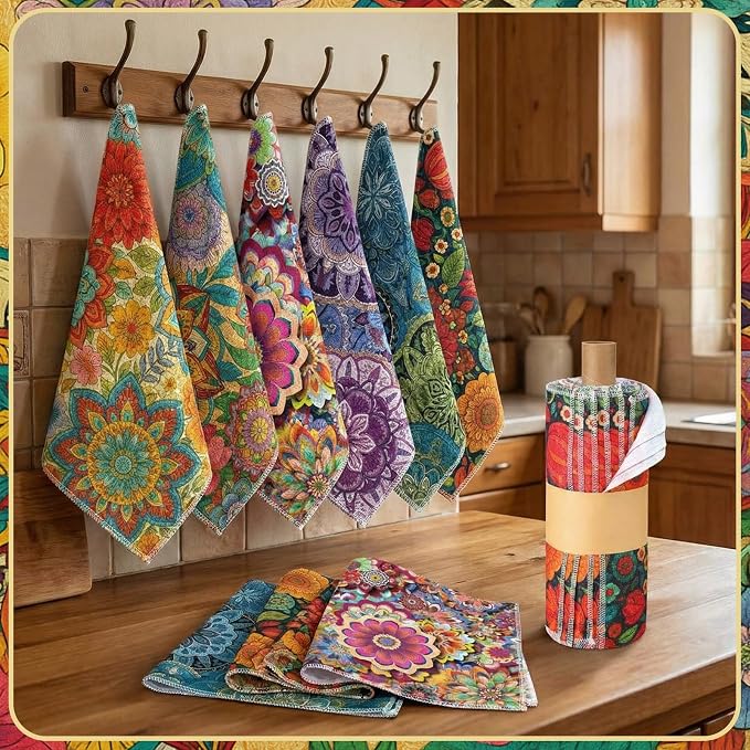 Redbaker 60 Pcs Reusable Paper Towels Rolls Towels Bulk Kitchen Washable Paperless Cloth Cotton Hand Napkins with Cardboard Reusable Napkins for Kitchen Bathroom (Boho Floral Style)