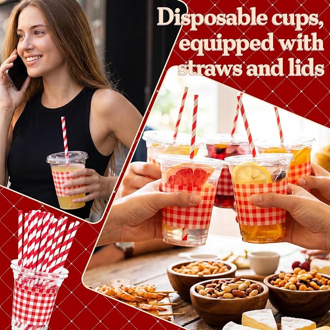 Domensi 25 Sets Red and White Gingham Plastic Cups with Lids and Paper Straws 12oz Checkered Party Disposable Cups Bulk Drinking Cup for Cold Drinks Baby Shower Wedding Birthday Summer Party Supplies