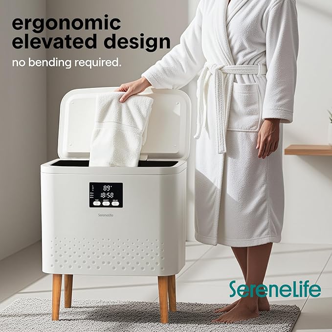 SereneLife Rectangular Towel Warmer Bucket, Large Capacity Blanket and Towel Warmer for Bathroom, Single-Touch Control, Energy-Efficient Design with Auto Shut-Off, 20L Capacity, White