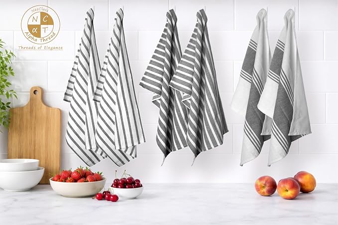 Pack of 6 Cotton Kitchen Towels Set, Dish Towels, Cleaning Rags, Kitchen Dish Cloths for Washing Dishes, Cotton Cleaning Cloths, Ultra Soft, Lightweight & Quick Dry, Slub Weave, 28" x 18" (Gray)
