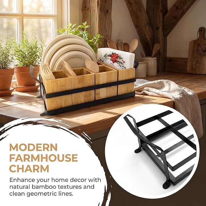 Bamboo Utensil Caddy with Handle - 5 Compartment Silverware Holder for Party & Kitchen Countertop - Removable Wooden Flatware Organizer for Picnic, BBQ, Buffet, RV & Outdoor Dining
