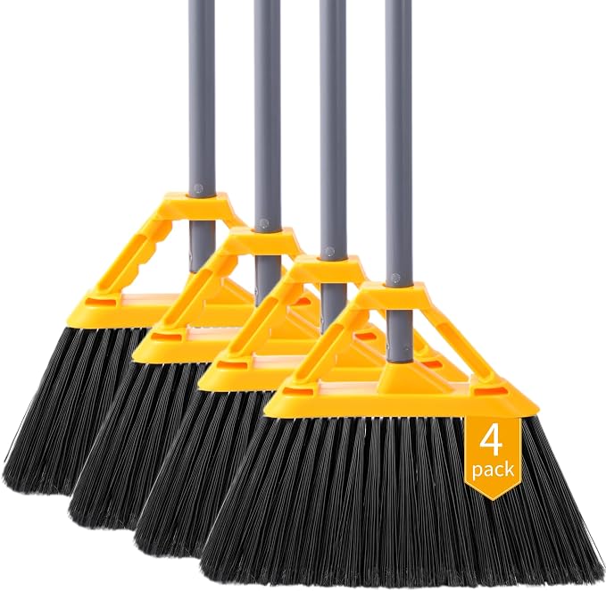 4 Pack Heavy Duty Commercial Broom, Indoor/Outdoor Broom for Floor Cleaning | Hard Bristle Angle Broom For Sweeping Courtyard Restaurant Garage Patio Decks Mall Market Kitchen Office Lobby Shop