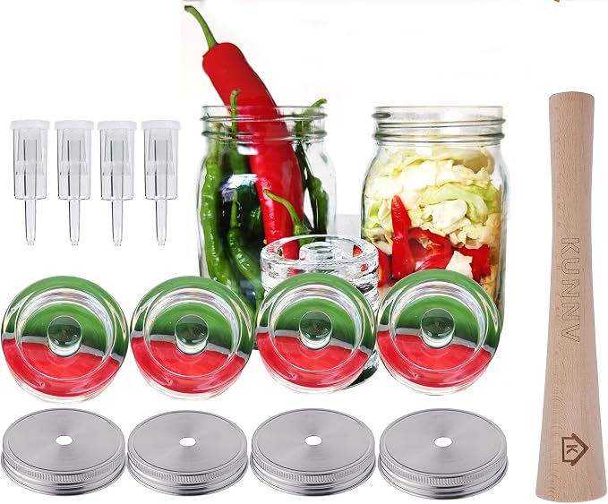 Complete Mason Jar Fermentation Kit - Sauerkraut Pounder + 4pc Glass Weights + 4pc water airlocks Easy Wide Mouth Jars Vegetable Fermenting Set -Suitable for 86MM mason jar (Jars Not Included)
