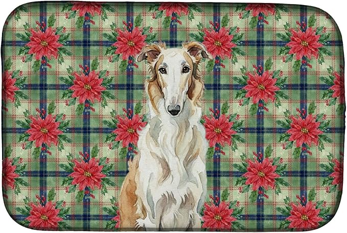 Caroline's Treasures Borzoi Christmas PoinsettIas Dish Drying Mat Absorbent Dish Drying Mat Pad for Kitchen Counter Dish Drainer Mat for Countertop, 14 x 21", Multicolor