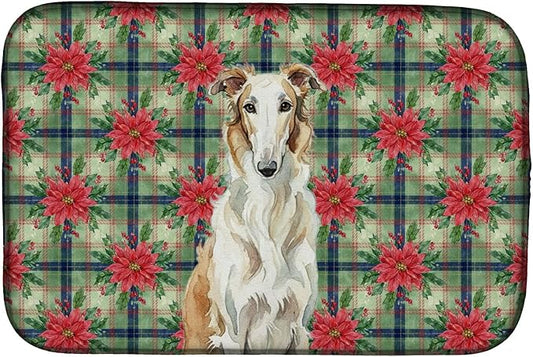 Caroline's Treasures Borzoi Christmas PoinsettIas Dish Drying Mat Absorbent Dish Drying Mat Pad for Kitchen Counter Dish Drainer Mat for Countertop, 14 x 21", Multicolor