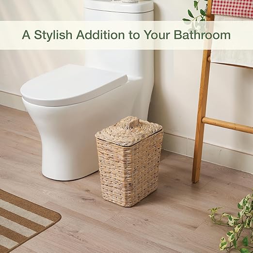 84ECO Wicker Trash Can with Lid and Liner - Rattan Trash Can for Bathroom - Decorative Wicker Waste Basket for Bedroom, Kitchen and Office (White)