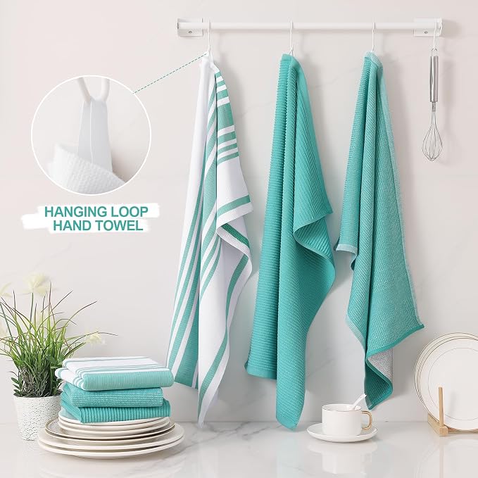 Homaxy Premium Kitchen Towels(18”x 28”, 12 Pack), Large Cotton 380 GSM Kitchen Hand Towels, Soft and Absorbent Terry Dish Towels, Multipurpose Tea Towel Set with Hanging Loop, Teal