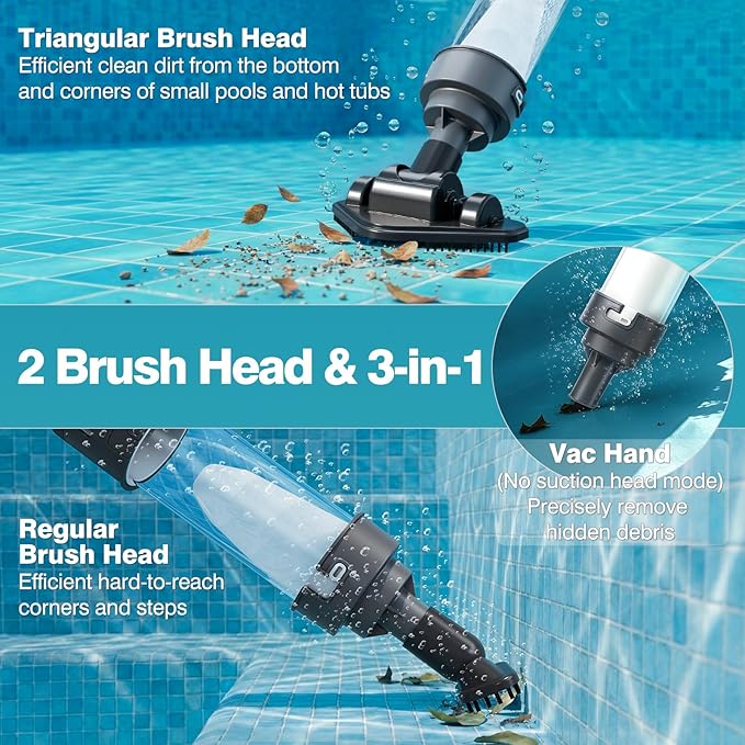 3 in 1 Cordless Spa Hot Tub Vacuum, Handheld Pool Vacuum for Small Above Ground Pool with 2 Brush Heads & 2 Filter Bags, 12 GPM Suction, 66.14" Pole, Rechargeable, 60min, One Click Activation
