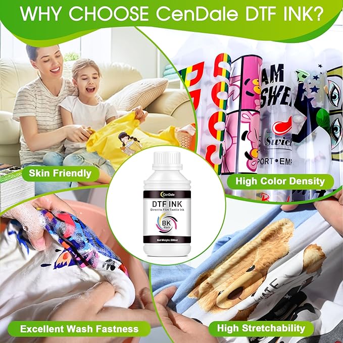 CenDale Premium DTF Black Ink - 500ML for PET Film, Refill Ink for Epson ET-8550, L1800, L800, R2400, R1390, P400, P800, XP15000, Heat Transfer Printing Direct to Film