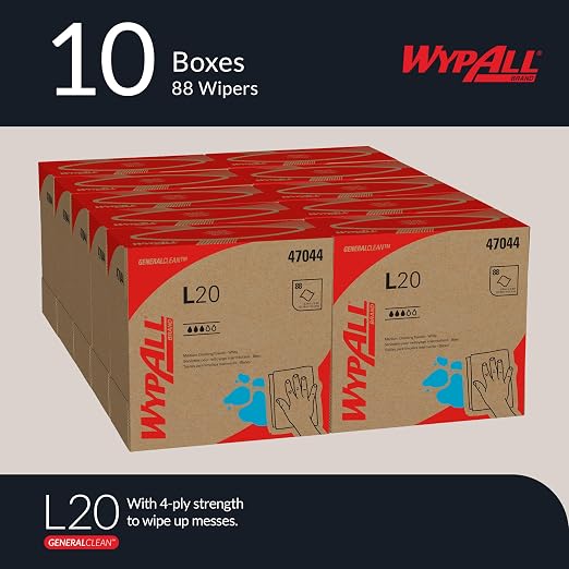 WypAll® GeneralClean™ L20 Medium Cleaning Cloths (47044), Pop-Up Box, White (88 Sheets/Box, 10 Boxes/Case, 880 Sheets/Case)
