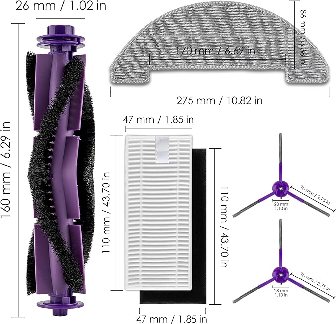 (22 Pack) MR1 SE Replacement Parts Compatible with MONSGA MR1 SE Robot Vacuum Cleaner, 2 Roller Brushes, 8 Side Brushes, 8 HEPA Filters with Foam Filters, 4 Mop Pads, Accessories Kit