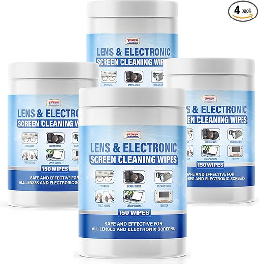 [Bulk 600-Count] Premium Formulations Lens & Electronic Screen Cleaning Wipes 150 Count (Pack of 4) Gentle, Lint-Free, Pre-Moistened Wipes for Eyeglasses, Camera Lenses, Phones, Laptops