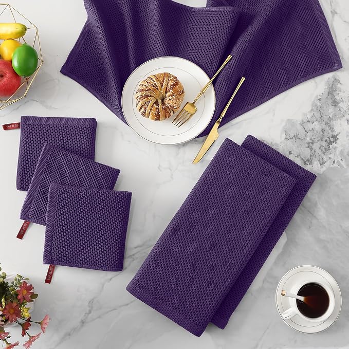 Kitinjoy 100% Cotton Waffle Weave Kitchen Hand Towels (13 X 28 Inches, Eggplant), 4-Pack Super Soft and Absorbent Dish Towel for Drying Dishes