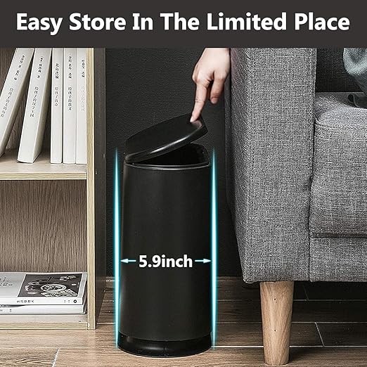 AIFUSI Trash Can, 10 Liter / 2.4 Gallon Plastic Slim Garbage Container Bin with Press Top Lid, White Waste Basket for Kitchen, Bathroom, Living Room, Office, Narrow Place（Black）